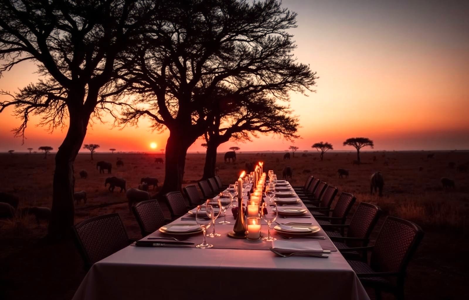 Private candlelit dinner on the Serengeti plains at sunset