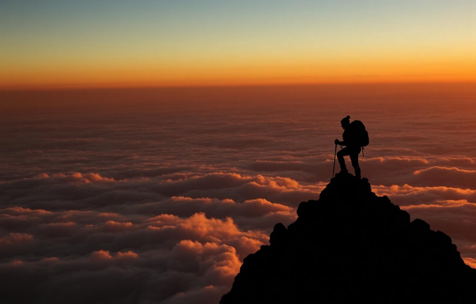 Climber silhouette on Kilimanjaro at sunrise