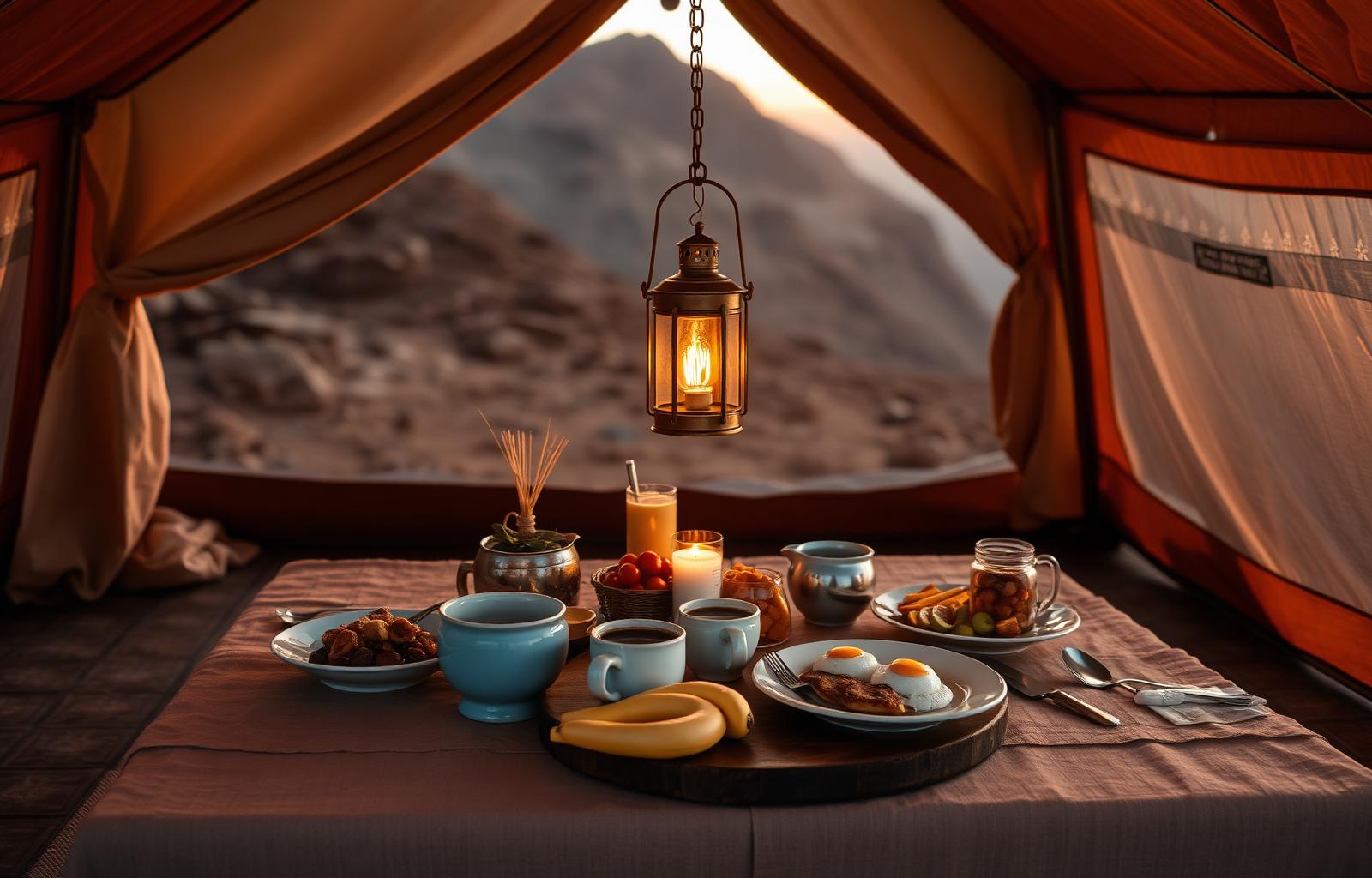 Warm lantern-lit dining tent on Kilimanjaro at sunset