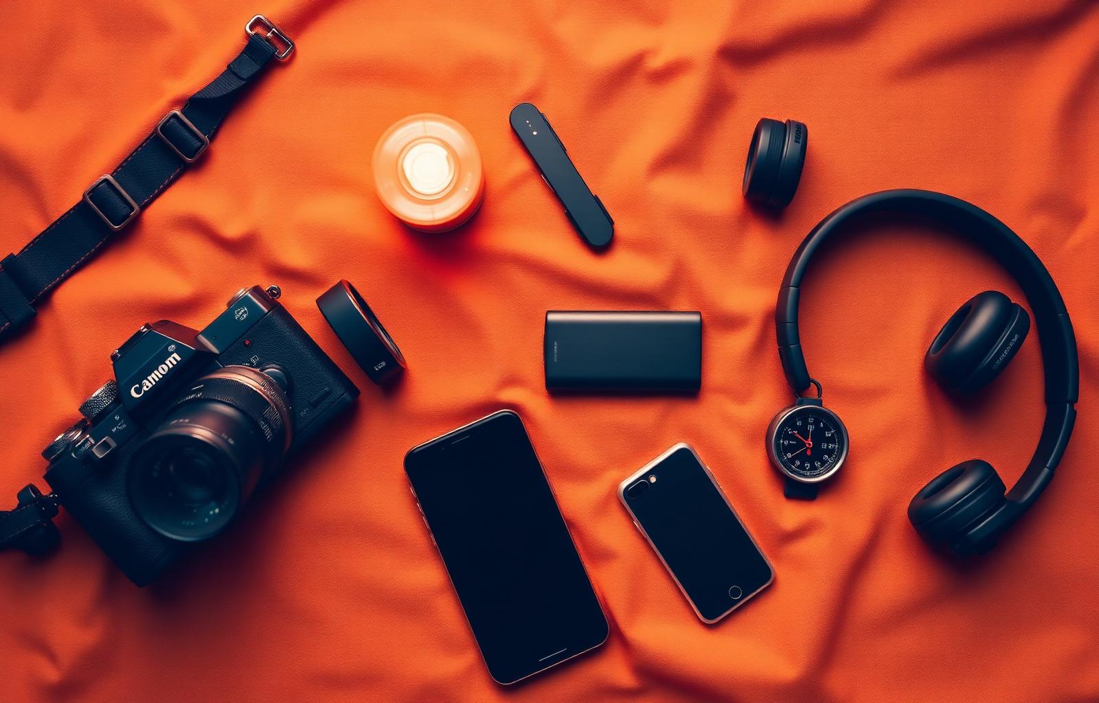 Adventure travel electronics flat lay