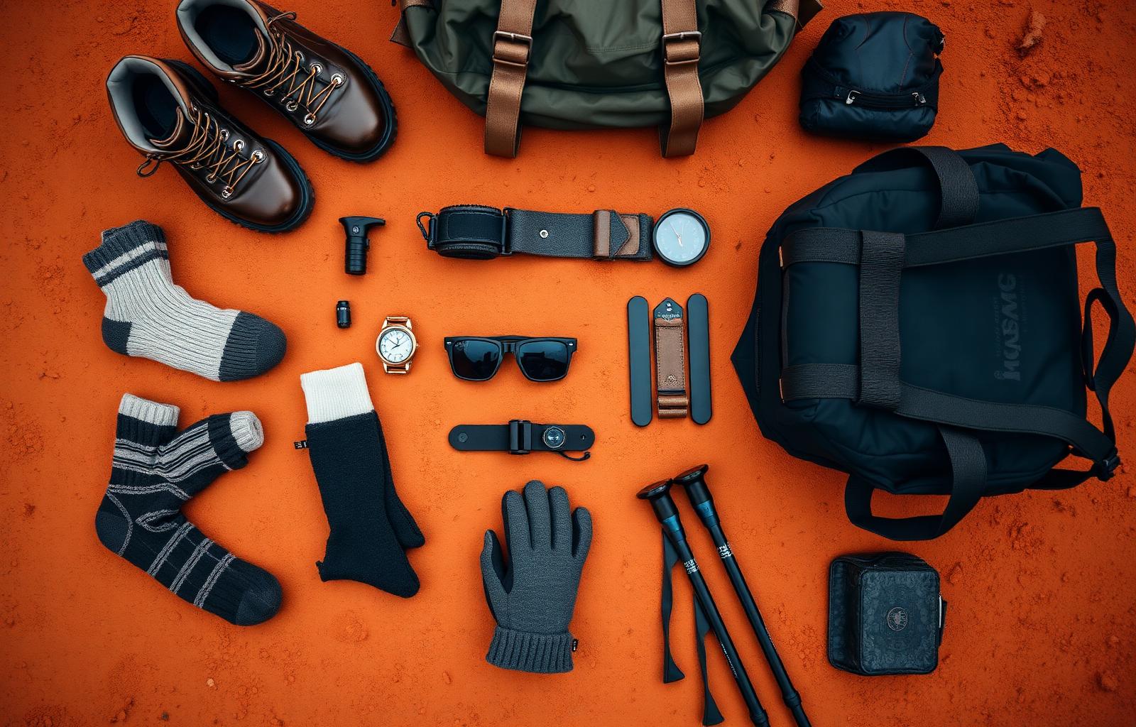 Kilimanjaro gear laid out — boots, socks, gloves, daypack, hiking poles