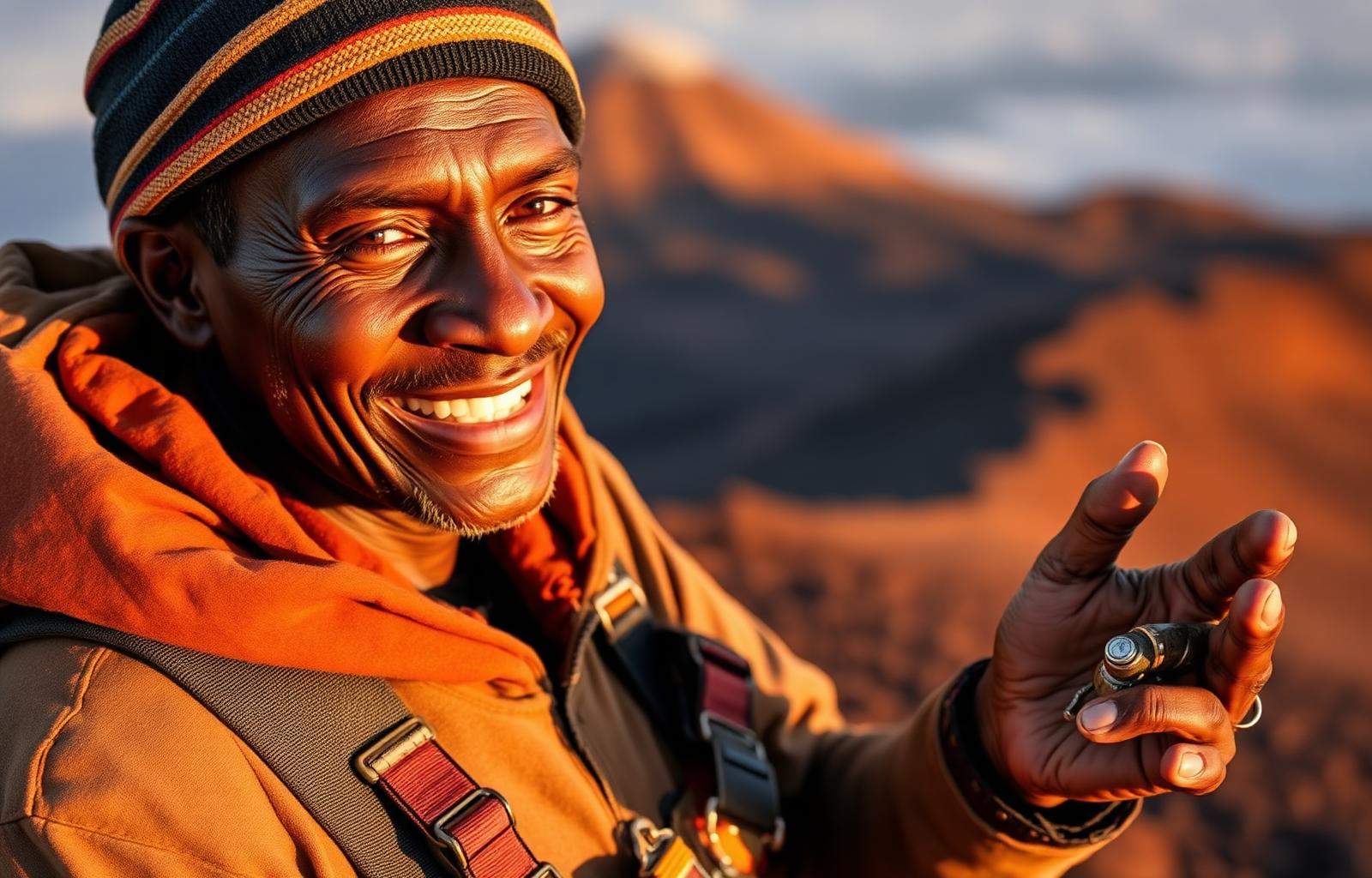 Tanzanian mountain guide on Kilimanjaro at sunrise