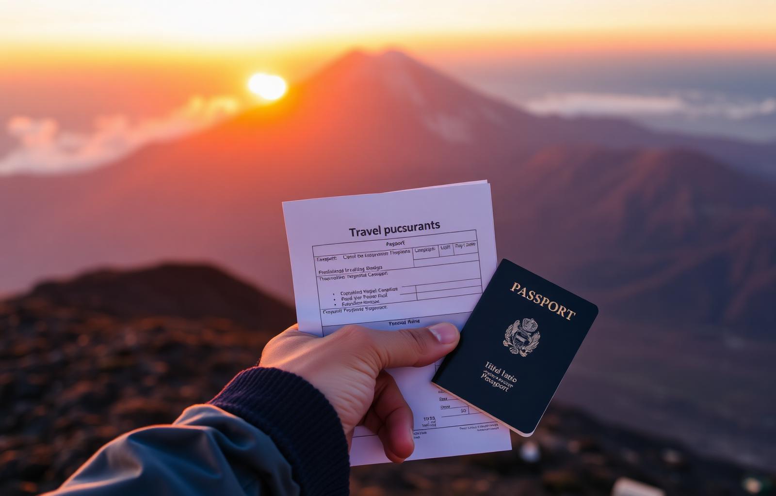 Travel insurance documents and passport with Kilimanjaro at sunrise
