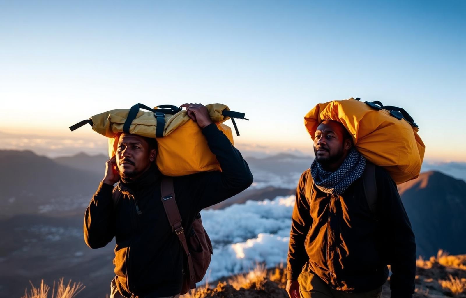 Tanzanian porters ascending Kilimanjaro at sunrise