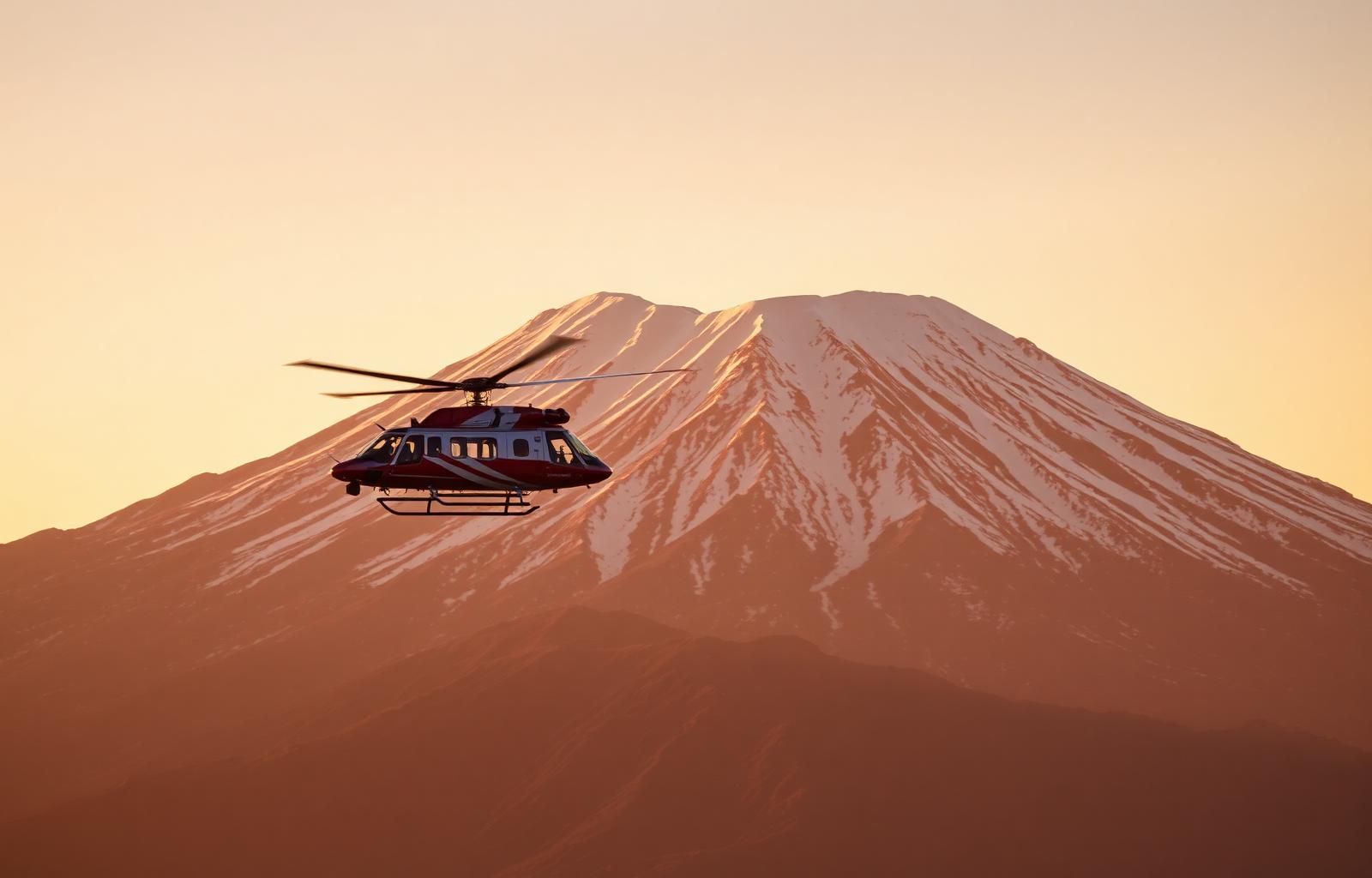 Rescue helicopter flying near Kilimanjaro at sunrise