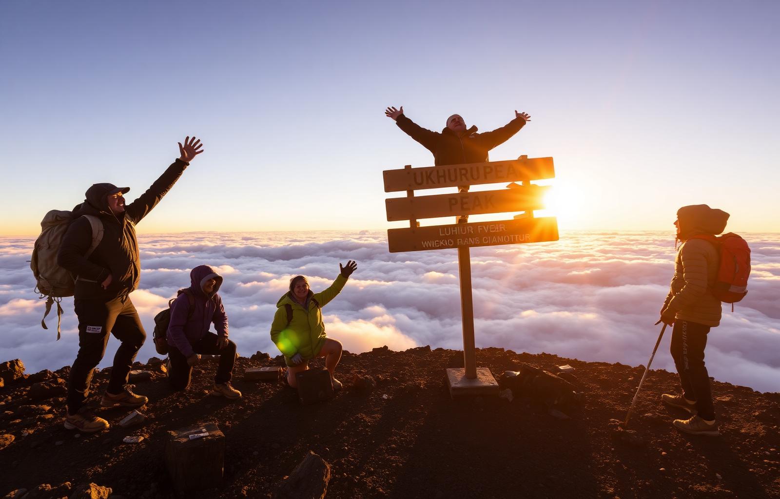 Climbers celebrating at Uhuru Peak summit