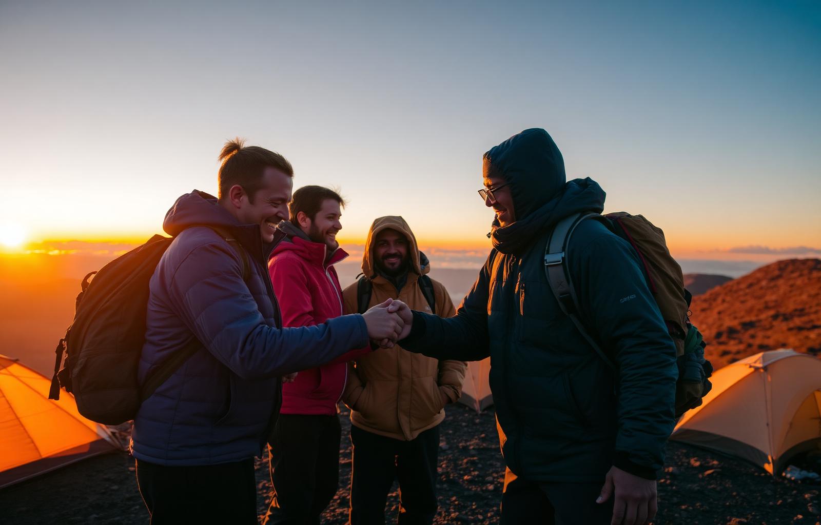 Climbers and porters celebrating together at a Kilimanjaro camp